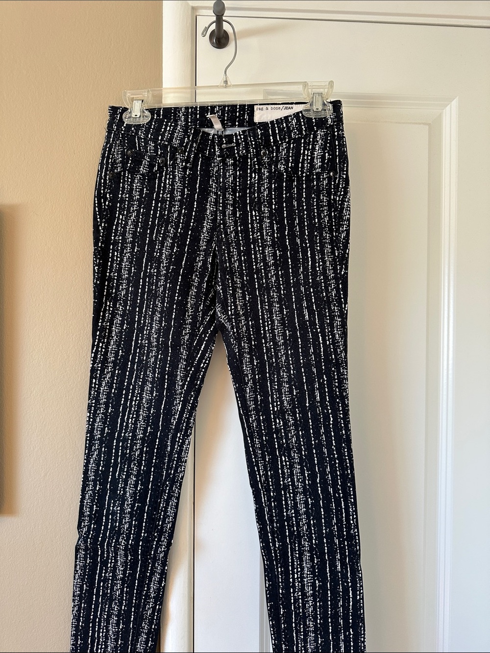 rag & bone Black Jeans with White Vertical Stripe Pattern